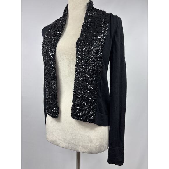 J Crew Wool Cardigan Black Medium Sequin Shawl Neck Cropped Long Sleeve - Picture 2 of 10